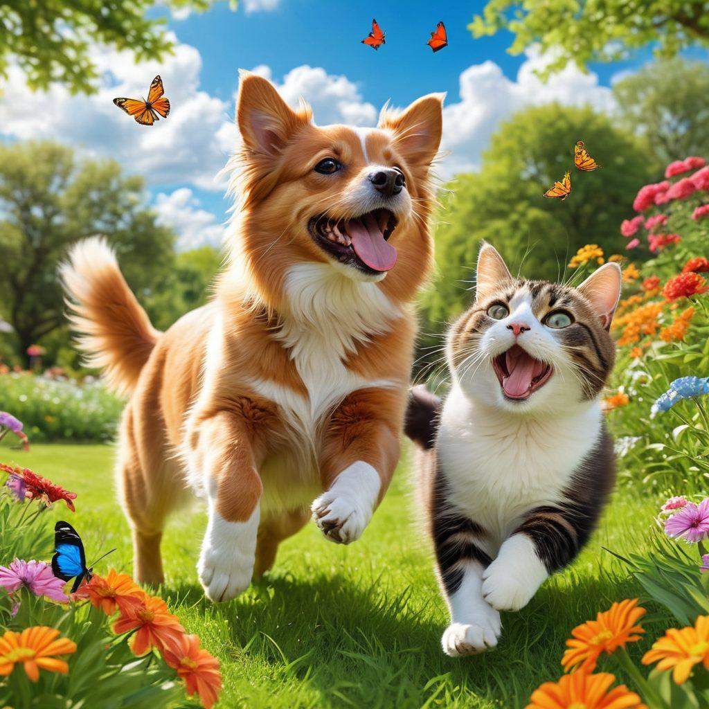 A joyful scene of a playful dog and a cat frolicking in a sunlit park, surrounded by vibrant flowers and lush green grass. Their expressions should convey happiness and companionship, while a few butterflies flutter around, symbolizing the joy pets bring to our lives. The background includes a blue sky with fluffy clouds, enhancing the cheerful atmosphere. super-realistic. vibrant colors. natural setting.