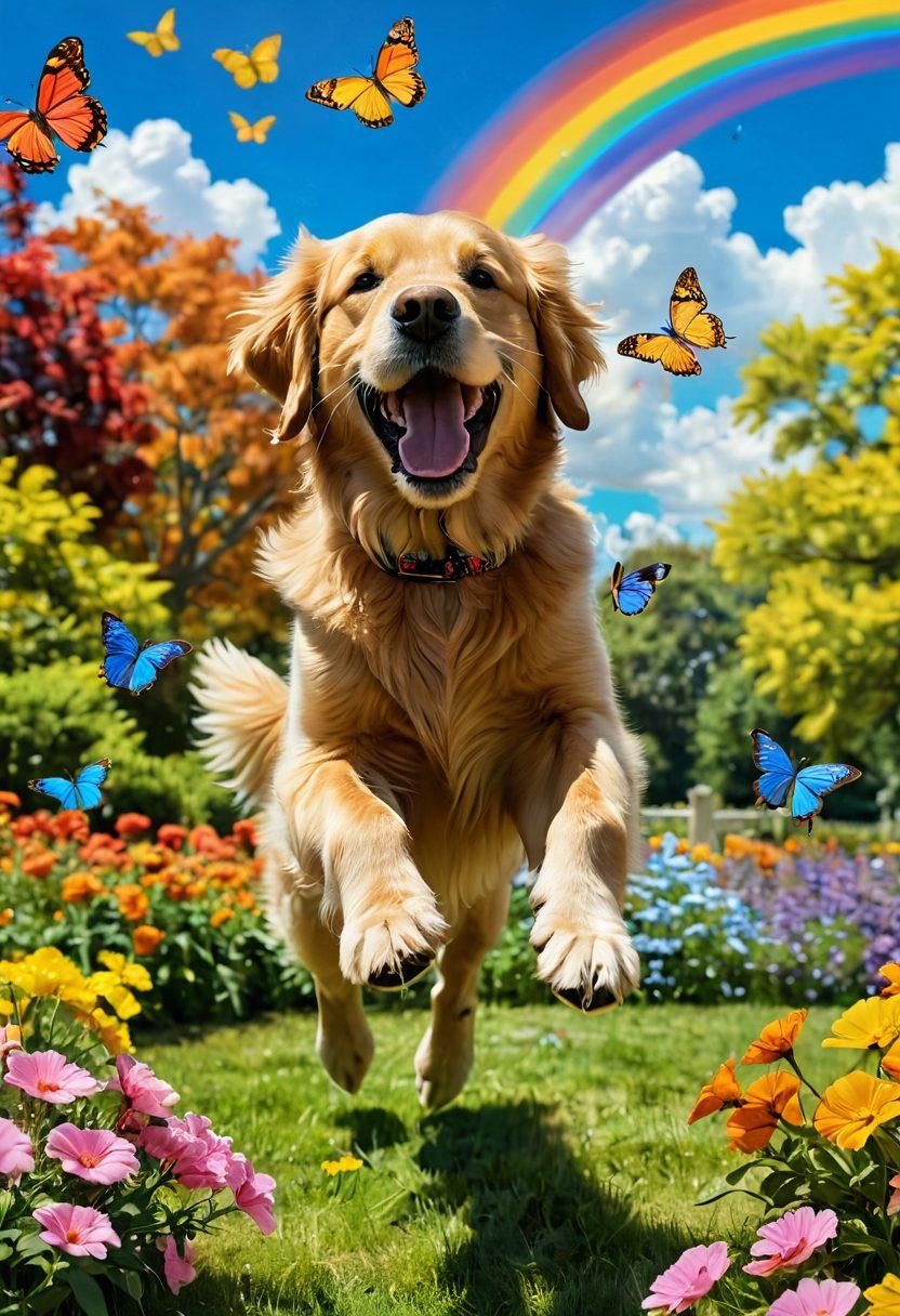 A playful golden retriever leaping joyfully in a sunlit park, surrounded by colorful flowers and butterflies, symbolizing happiness and companionship. The scene captures the bond between humans and pets, showing a person smiling while playing with their dog. The background features soft, fluffy clouds and a rainbow to enhance the theme of joy. vibrant colors. super-realistic.