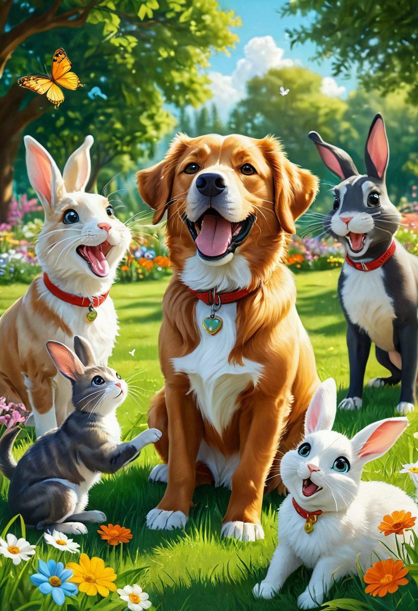 A lively scene featuring a variety of joyful animals, including a playful dog, a curious cat, and a cheerful rabbit, all interacting together in a sunlit park filled with colorful flowers and green grass. Their expressive faces radiate happiness, showcasing the bond between animals and humans. Include a child laughing while petting the dog, symbolizing the joy animals bring to our hearts. cartoon style. vibrant colors. sunny background.
